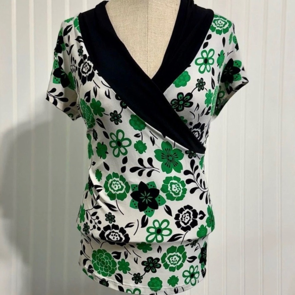 Studio Y‎ Y2K Vintage Retro 70s Boho Floral Wrap Top Green Black Festival Sz S